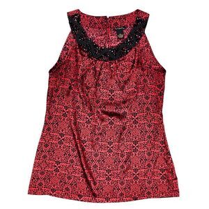 Nue Options Sleeveless Blouse Sz MP Red Black Stone Embellished Formal Party Top